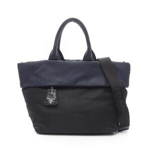 PRADA TESSUTO DOUBLE Tote Bag Nylon Leather Black Navy Blue